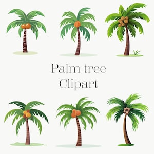 May include: A collection of six cartoon palm trees with green fronds and brown trunks, some bearing orange or brown coconuts. The text "Palm tree Clipart" is displayed in a stylized font below the trees.