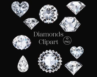 May include: A set of ten diamond clipart images in various shapes, including heart, round, oval, teardrop, and square. The diamonds are sparkling and realistic.