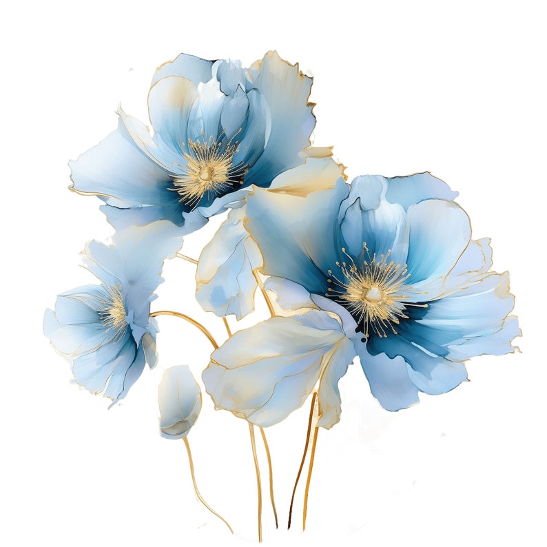 May include: Watercolor illustration of blue flowers with gold accents. The flowers have delicate petals and golden centers, set against a white background. The artwork features a soft, ethereal quality, perfect for wall art or home decor.