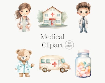 Imágenes prediseñadas médicas lindas, ilustraciones de médicos y enfermeras, arte digital de hospitales y clínicas, conjunto PNG para guarderías, uso comercial