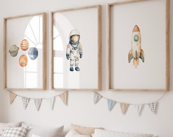 Boho Space Nursery Art Prints: Planets, Astronaut, Rocket (Digital Download)
