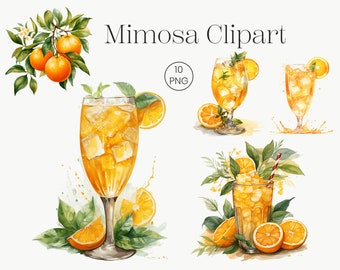Cóctel Mimosa Acuarela Clipart / Brunch con Champán PNG (Descarga Digital)
