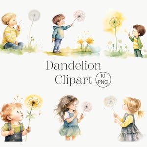 Kid und Pusteblume | 10 PNG Clipart | Süsses Mädchen and Dandelion Entzückende druckbare Aquarell Clipart Digitaler Download Papiermodell