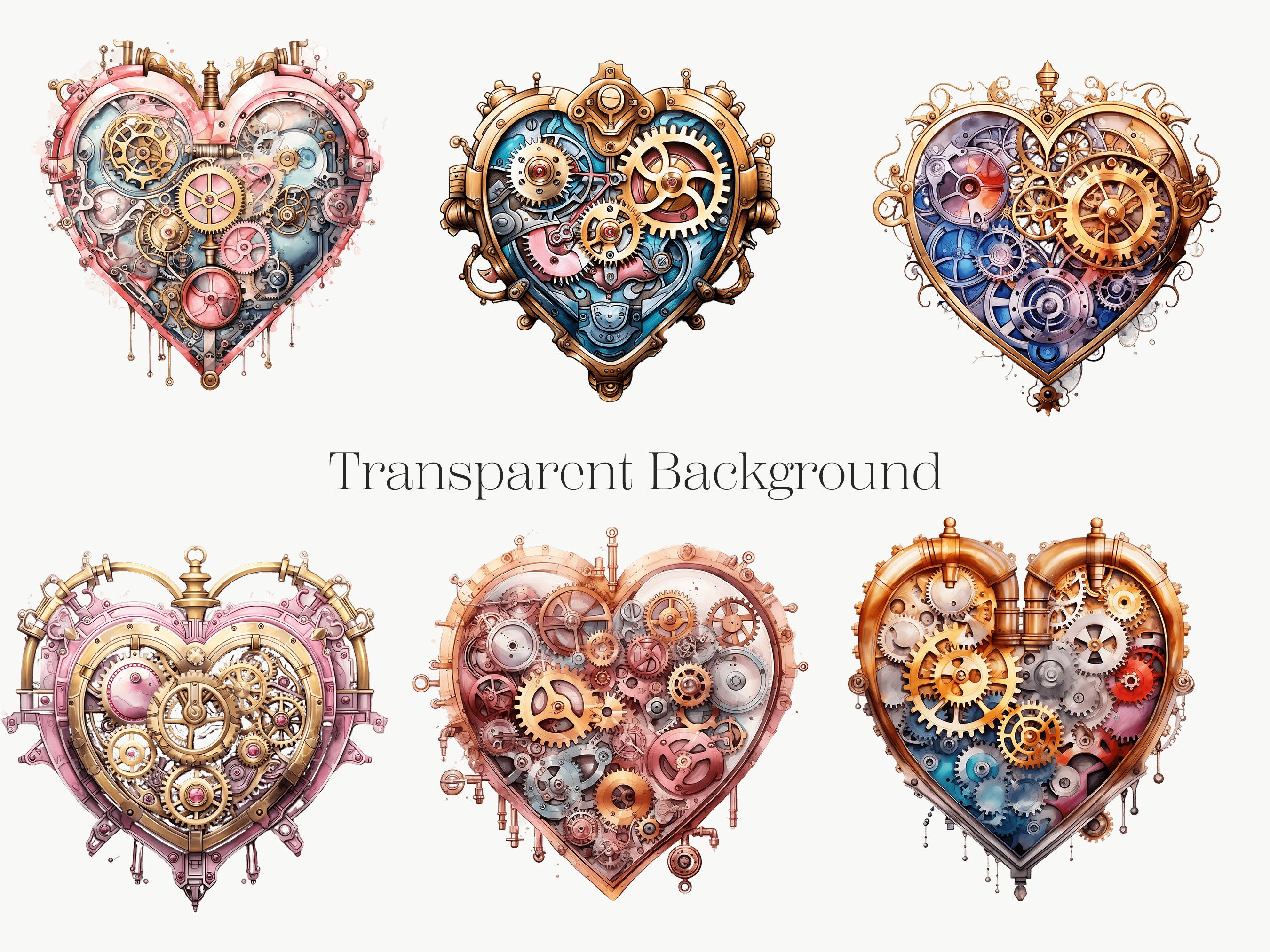 Steampunk Heart Clipart: 10 Watercolor PNG Images (digital Download) - Etsy