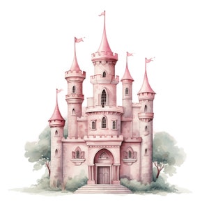 Pink Fairytale Castle Clipart | 10 JPG | Magic Kingdom Watercolor ...