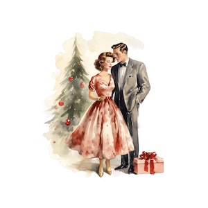 Vintage Navidad pareja acuarela / 10 JPG / paquete de imágenes prediseñadas de pareja amorosa, Navidad retro, fabricación de tarjetas navideñas románticas