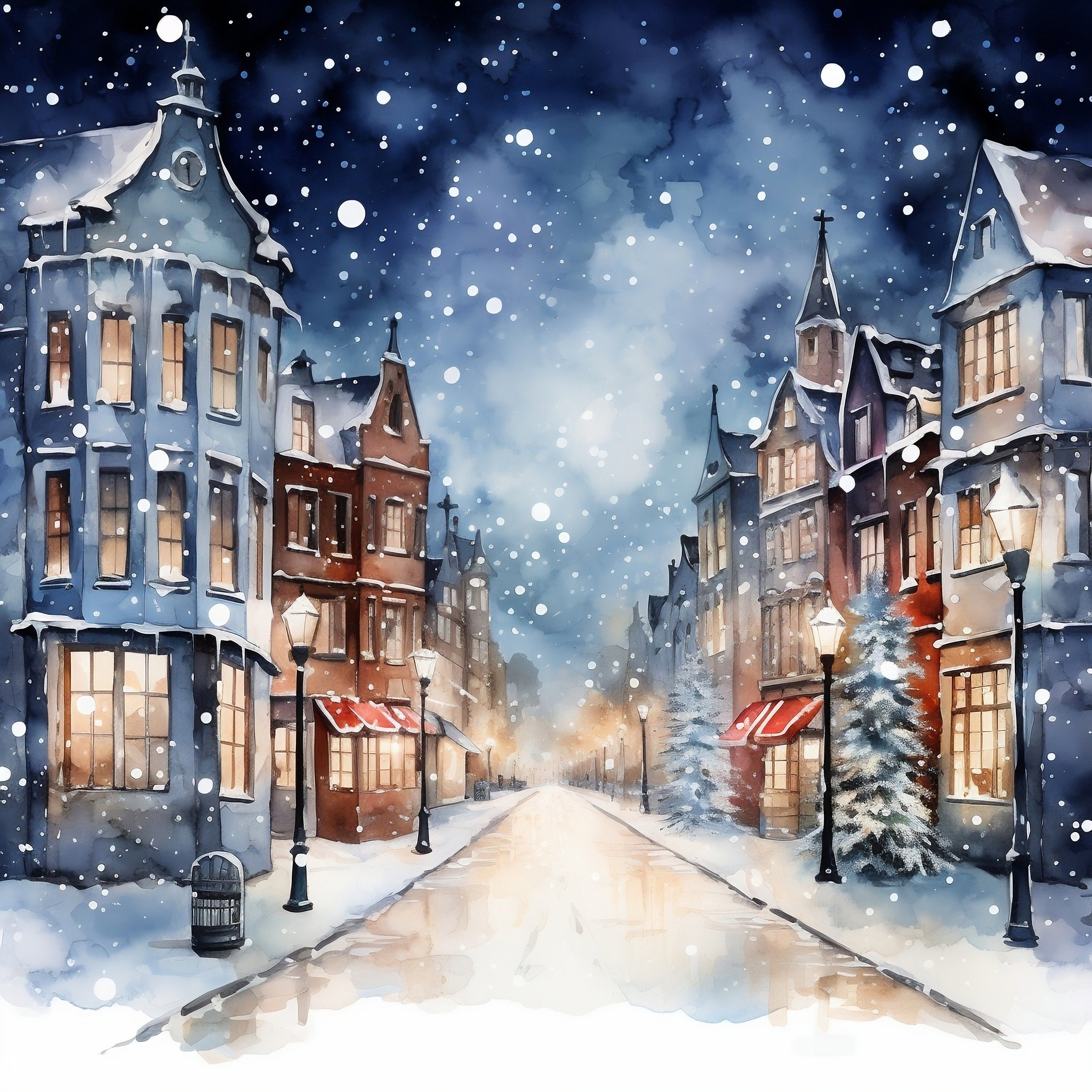 水彩画のクリスマスストリートクリップアート：冬の街の風景（デジタル