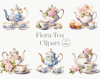 Vintage Floral Tee-Set Clipart: Aquarell Teetassen (Digitaler Download)