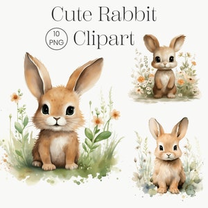 Clipart di conigli carini, 10 PNG di alta qualità, Clipart coniglietto, PNG di coniglio, coniglietto di Pasqua, clipart primaverile, coniglietto dell'acquerello, docce per bambini dell'asilo nido