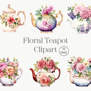 Vintage Floral Teapot Clipart | 10 PNG Vintage Floral Clipart Watercolor Teapot Printable Watercolor Clipart  Digital Download Paper Craft