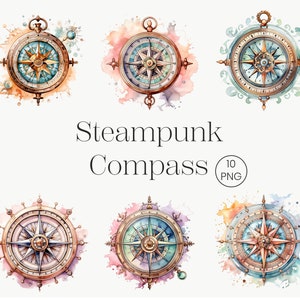 Steampunk Compass Clipart | 10 Transparent PNG | Retro Vintage Compass PNG, Victorian Nautical Art, Retro Clipart, Sublimation Png, Wall Art