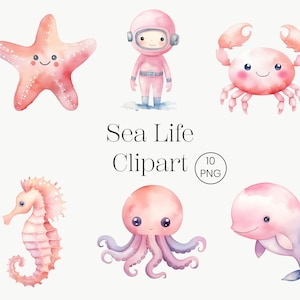 Sotto il mare acquerello / 10 PNG / Baby Girl Clip Art nautica Baby Shower Rosa Compleanno Invito Nursery Art Desing Download digitale