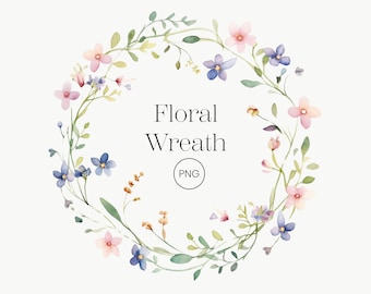 Clipart z akwarelowym wieńcem kwiatowym: Kwiaty wiosenne PNG (pobieranie cyfrowe)
