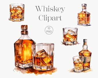 Whisky Clipart | 10 transparante PNG van hoge kwaliteit | Glas Whiskey Fles Whisky Alcohol Clipart Aquarel Clip Art Digitale Download