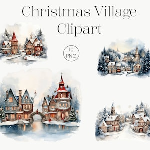 Christmas Village Clipart | 10 High Quality Transparent PNG | Watercolor Christmas House Winter Holiday Christmas Clip Art