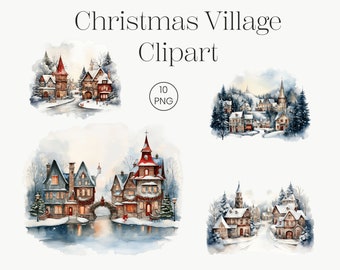 Watercolor Christmas Village Clipart | Winter Holiday PNG (Digital Download)