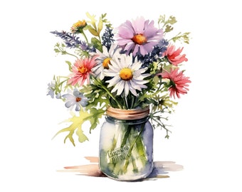 Watercolor Wildflower Bouquet Clipart | Jar Arrangement (Digital Download)