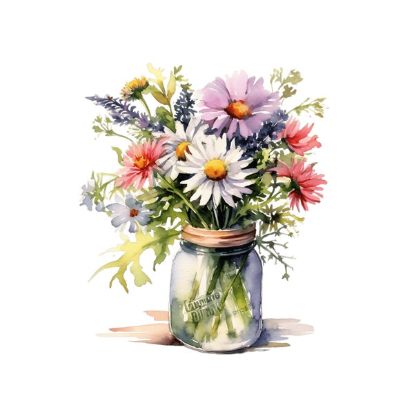 Wildflower Bouquet in Jar | 10 High Quality JPG | Colorful Wildflower Bouquet Clipart Spring Flowers Clip Art Card Making Digital Download