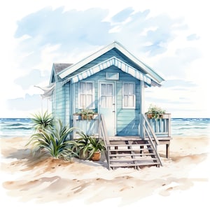 Beach Hut Clipart | 10 High Quality JPG | Watercolor Summer Clipart Kawaii Clipart Bundle Junk Journal Digital Paper Craft