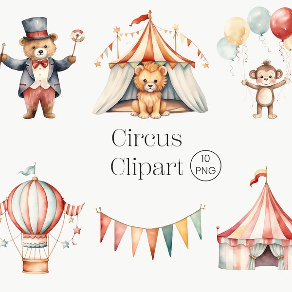 Circus Watercolor Clipart | 10 PNG | Animals illustration, Boho Circus Animals Doodle Clipart Colorful Nursery Decoration, Circus Party Tent