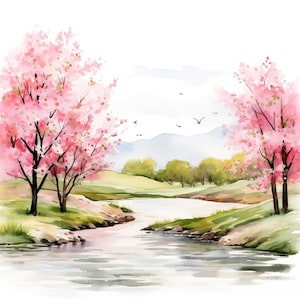Clipart paesaggio primaverile 10 immagini JPG, paesaggi del giardino primaverile ad acquerello, clipart estetica primaverile Scene del fiume primaverile in fiore di ciliegio