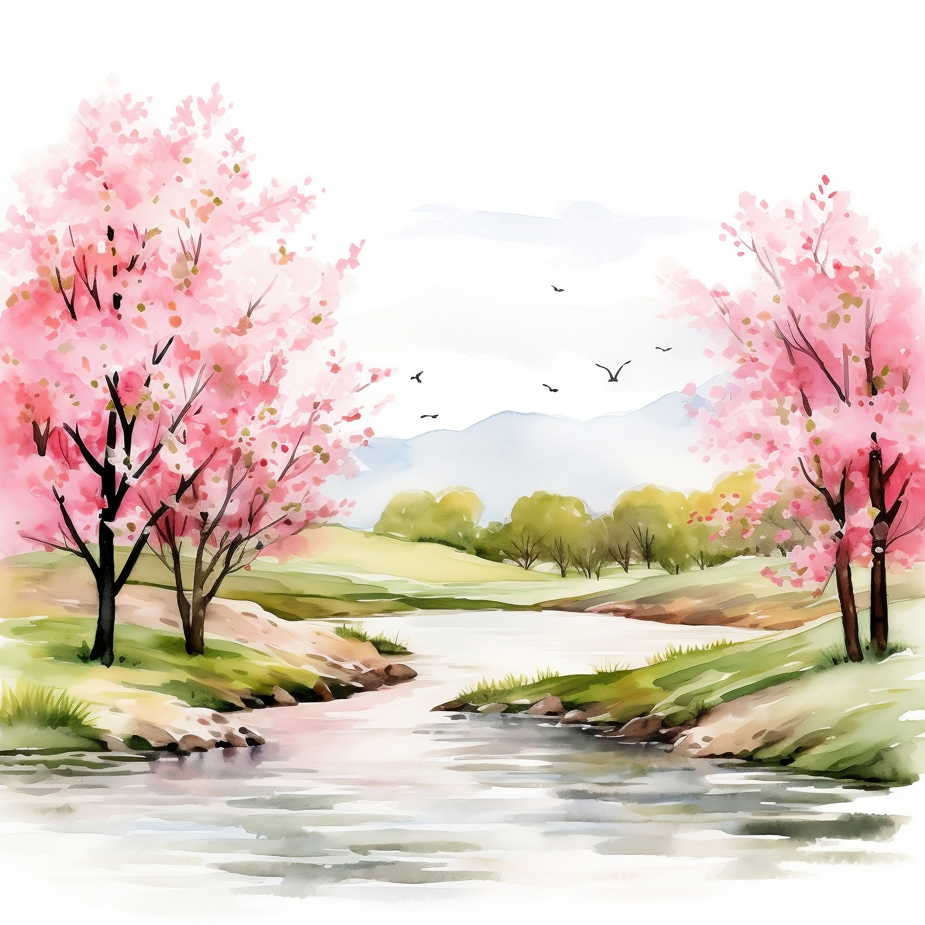 水彩画の春の風景クリップアート：桜の川の風景（JPG画像） - Etsy 日本