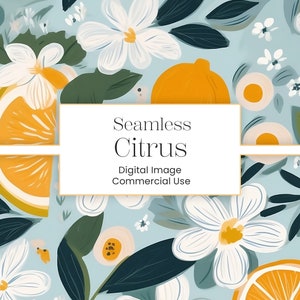 Puede incluir: Un patrón sin costuras con flores blancas, hojas verdes y rodajas de cítricos naranjas sobre un fondo azul claro. El texto "Seamless Citrus" está en el centro de la imagen. Imagen digital de uso comercial.