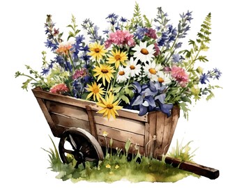 Floral Wheelbarrow Watercolor Clipart | Spring Flowers (Digital Download)