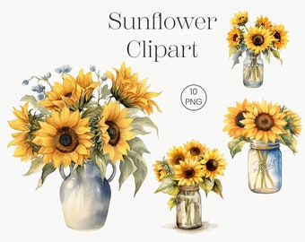 Watercolor Sunflower Clipart | Vase, Bouquet PNG (Digital Download)