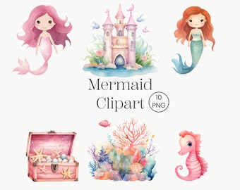 Watercolor Mermaid Clipart Bundle | Sea Animals PNG (Digital Download)