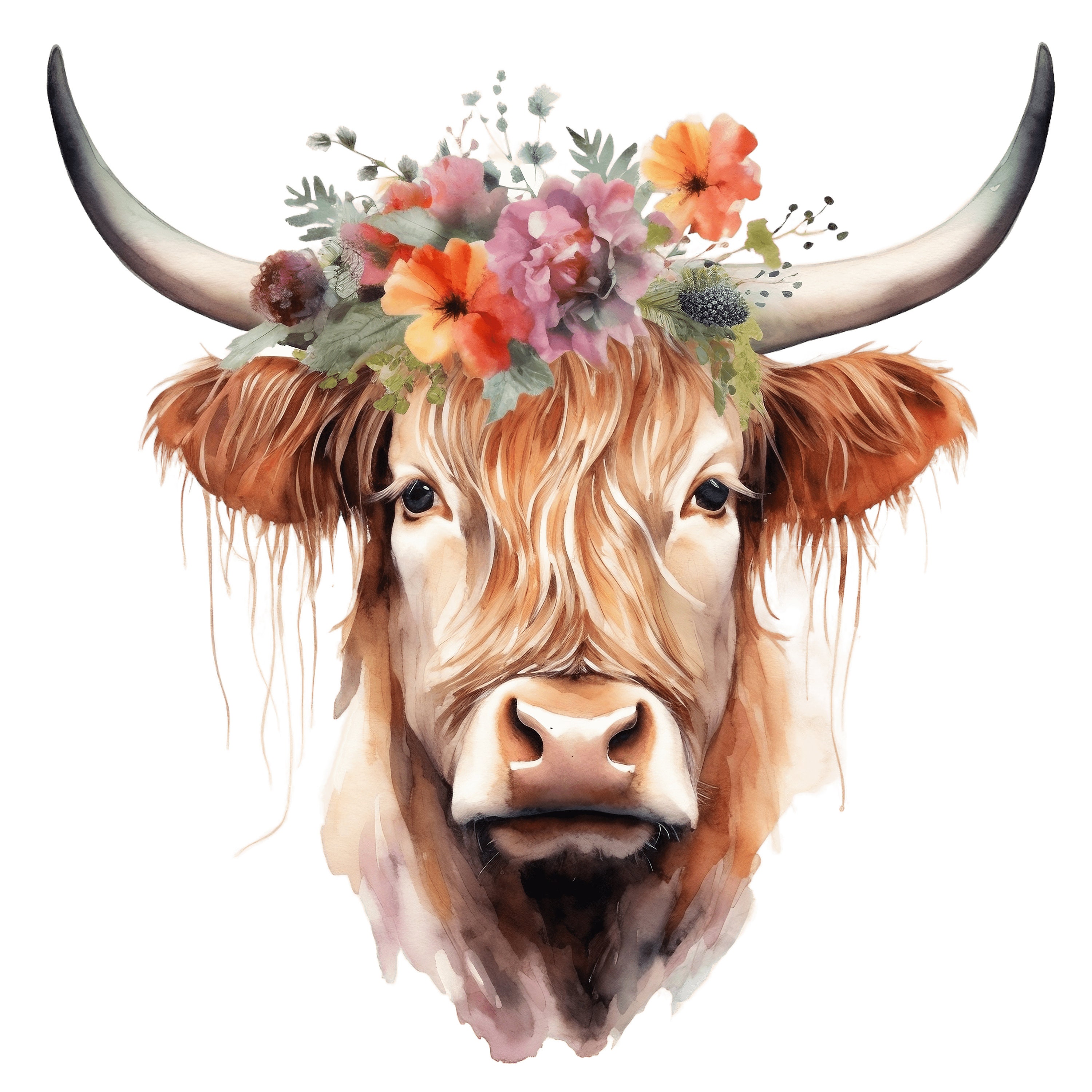 Floral Highland Cow Clipart | Watercolor Farm Animal (digital Download ...