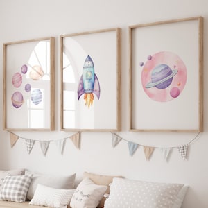 Set of 3 Outer Space Clipart, Printable Watercolor Cute Space Clipart Space Girl Clipart Girl Astronaut PNG Pastel Space Digital Download