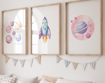 Pastel Space Clipart Set: Watercolor Planets, Rocket, Astronaut (Digital Download)