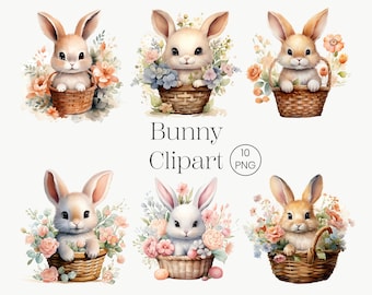 Watercolor Easter Bunny Clipart, 10 PNG Easter Clipart Spring Clipart Digital Download Digital Paper Digital Prints Junk Journal