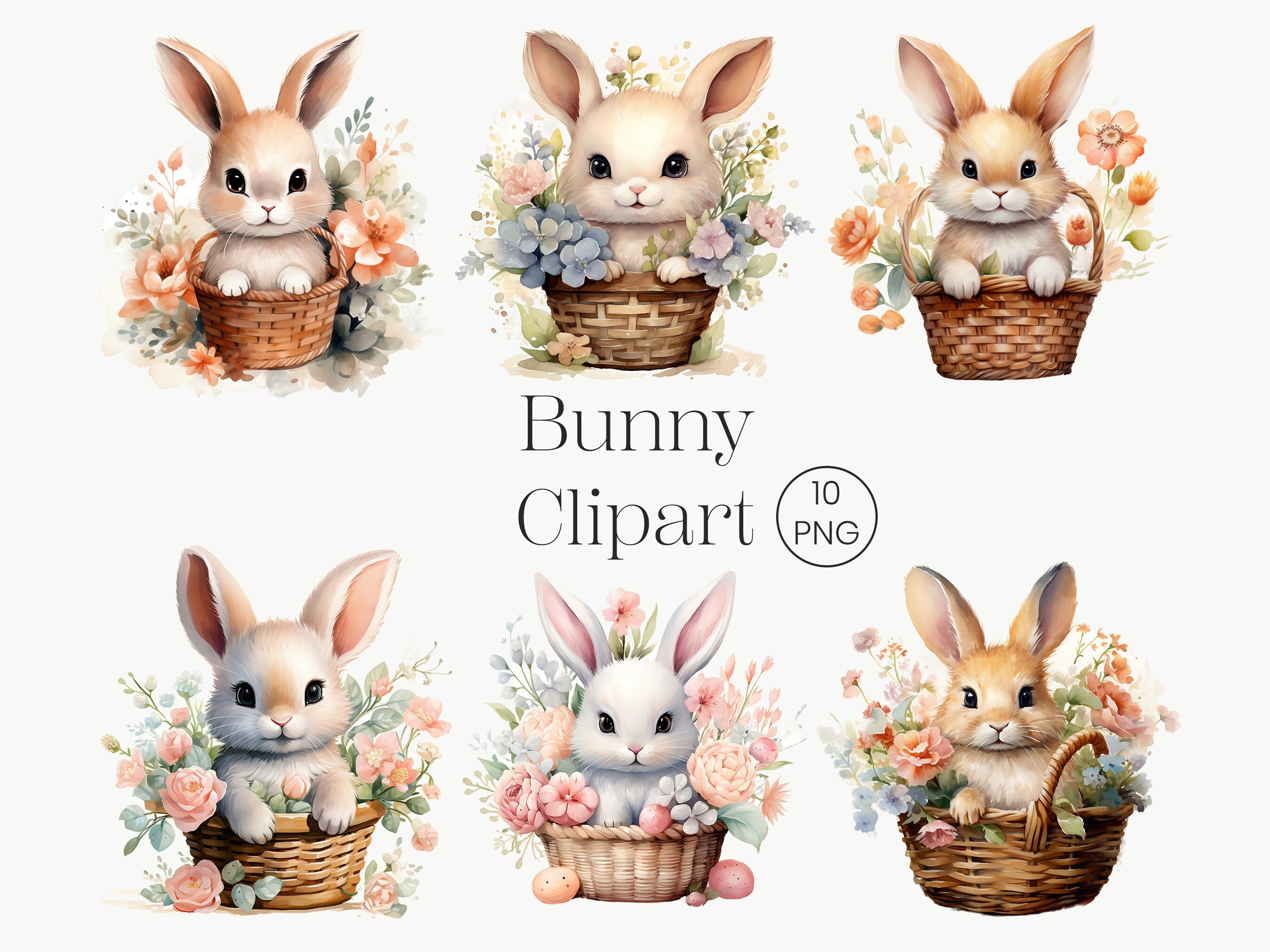 Watercolor Easter Bunny Clipart, 10 PNG Easter Clipart Spring Clipart ...
