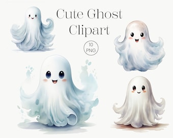 Cute Ghost Clipart | Watercolor Spooky Art, Kids Halloween (10 PNG)