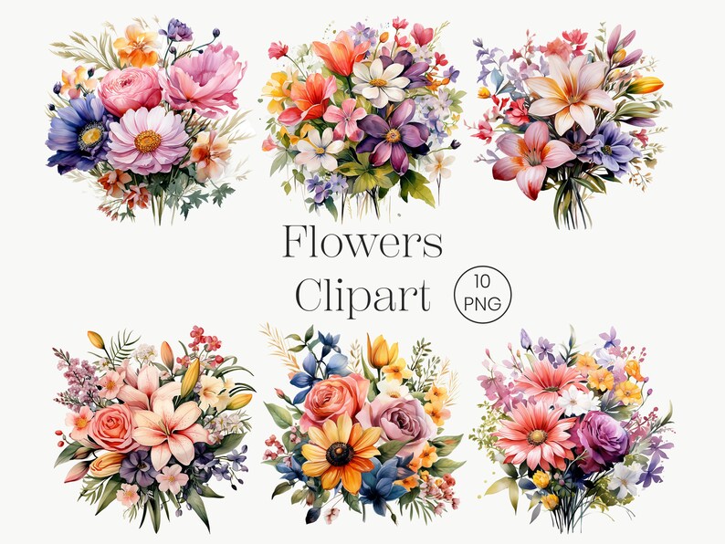 Watercolor Flower Bouquet Clipart: Spring Floral PNG (digital Download ...