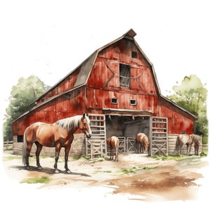 Aquarell Pferd Scheune Clipart | 10 JPG | Farmhouse Horse Shelter jpg Bauernhof Land JPG Clipart Clipart Bundle Kommerzielle Lizenz