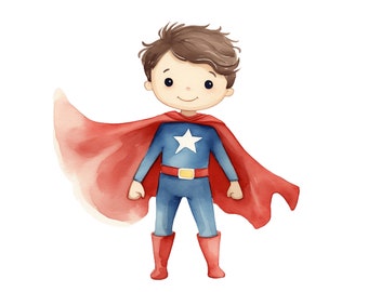 Watercolor Superhero Kids Clipart: Nursery Art (JPG, Digital Download)