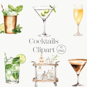 Watercolor Cocktail Clipart | 10 PNG | Drinks Clipart, Bar Cart Clipart Bundle, Signature Cocktail Clipart, Wedding Cocktails Alcohol Drinks