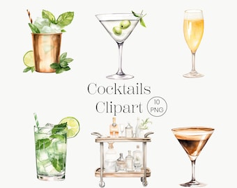 Aquarel cocktail clipart | 10PNG | Drankjes clipart, bar kar clipart bundel, handtekening cocktail clipart, bruiloft cocktails alcohol drankjes
