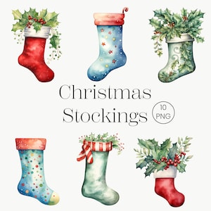 Julstrumpa Clipart | 10 PNG | Akvarell jul Jul clipart Traditionell jul Sublimeringsprydnad Sublimering PNG Vinter