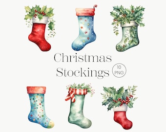 Könnte beinhalten: Zehn Aquarell-Illustrationen von Weihnachtsstrümpfen in verschiedenen Farben und Mustern. Die Strümpfe sind mit Stechpalme, Beeren und Sternen verziert.