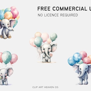 Baby Elephant Balloons Clipart | 10 PNG | Watercolor Birthday Clipart ...