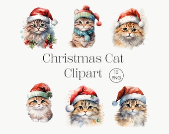 Christmas Cat Clipart | Christmas Clipart, Watercolor Christmas Cat PNG, Christmas Decoration Holiday Cat, Cat Scrapbook, Christmas Bundle