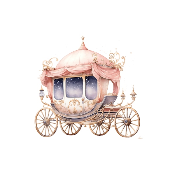 Watercolor Fairytale Carriage Clipart, 10 JPG, Princess Carriage Clipart Royal Carriage Baby Shower Clipart Cinderella Carriage