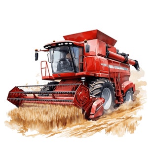Aquarela de colheitadeira vermelha, clipart de veículos agrícolas, trator agrícola de colheita, vida na fazenda JPG, clipart de caminhão, decoração de berçário de fazenda