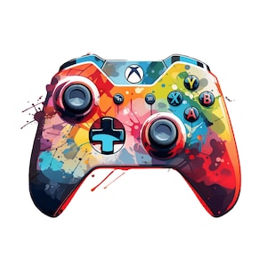 May include: A brightly coloured Xbox controller with a watercolour splash design. The controller has a black directional pad, two analogue sticks, and the standard A, B, X, and Y buttons. The Xbox logo is visible at the top.