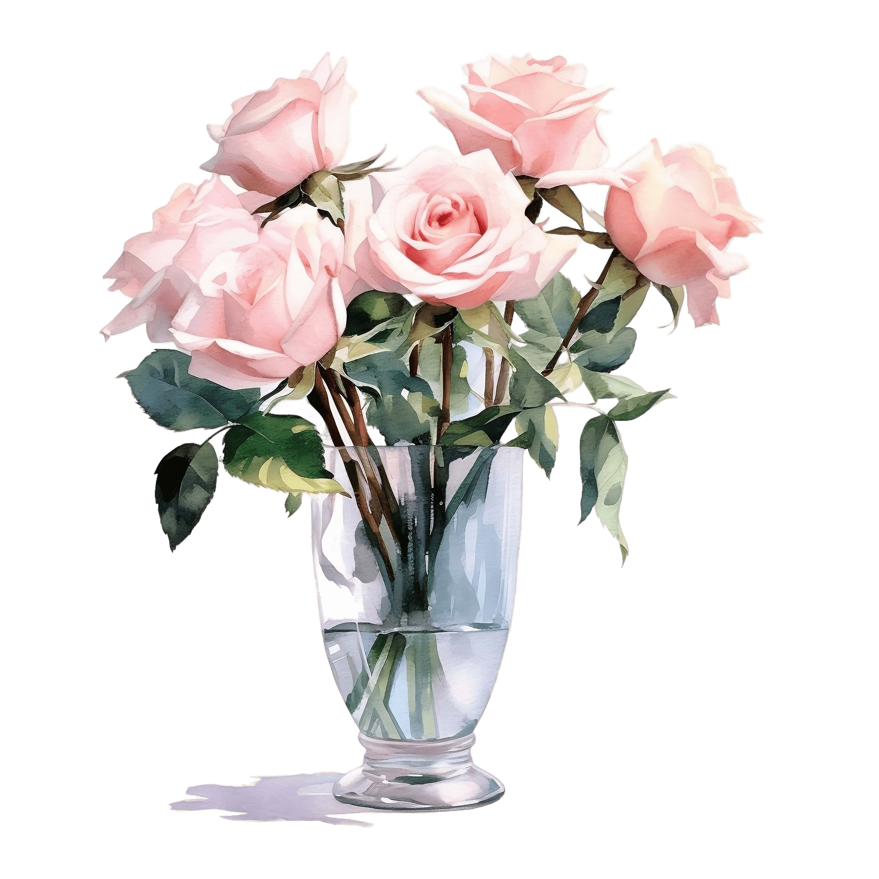 Pink Roses Watercolor Clipart | Floral Bouquet in Glass Vase (digital ...