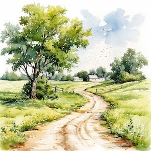 Clipart de aquarela de pista de campo | 10JPG | Farm Country Lane ClipArt, Country Lane JPG, download digital instantâneo